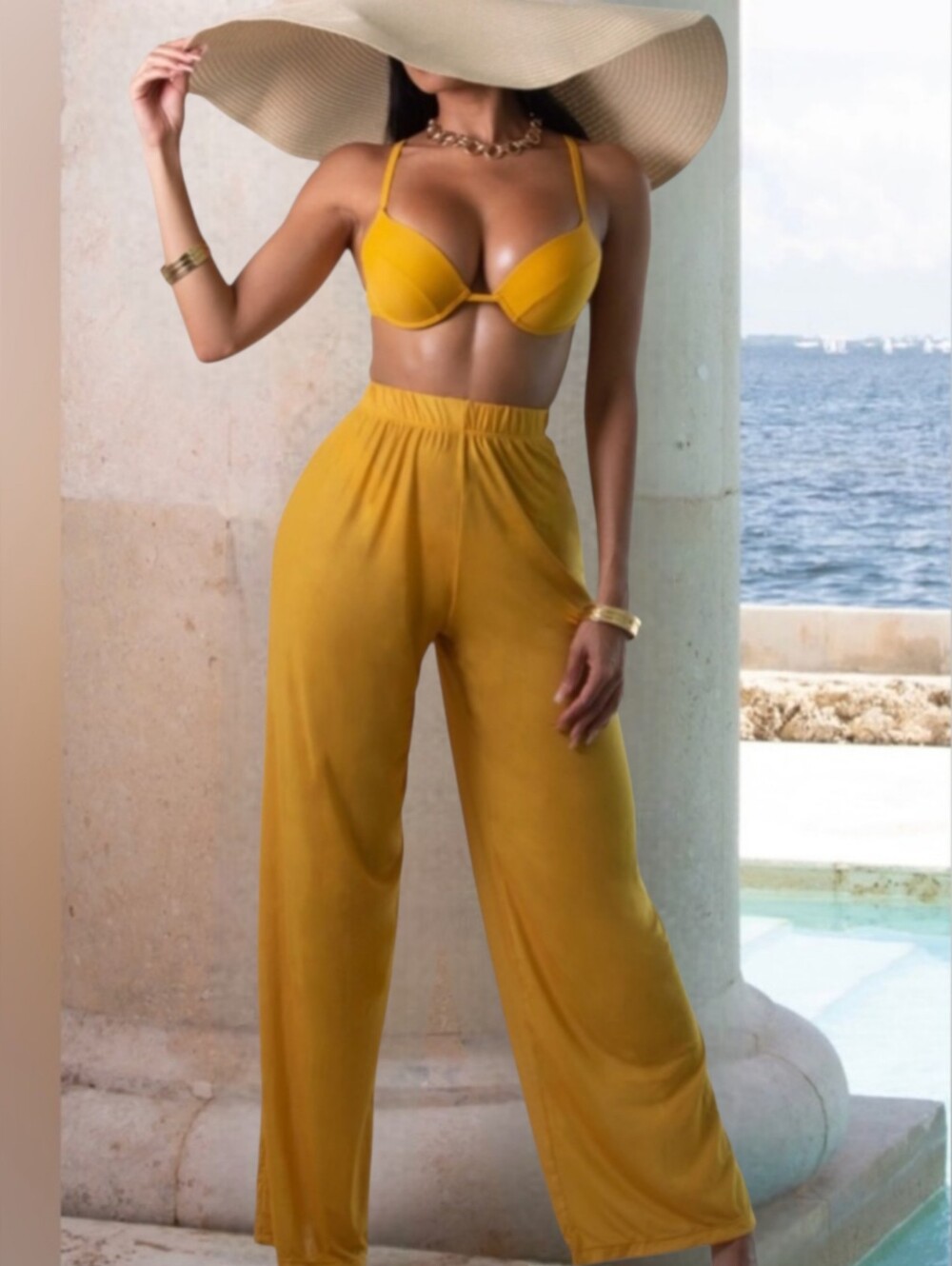 3pc Mustard Yellow Bikini Set Beachwear Matte Collection Swimsuit SZ Small